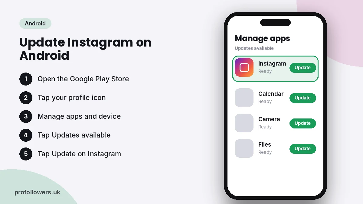 Google Play Store screen showing Instagram in the updates list